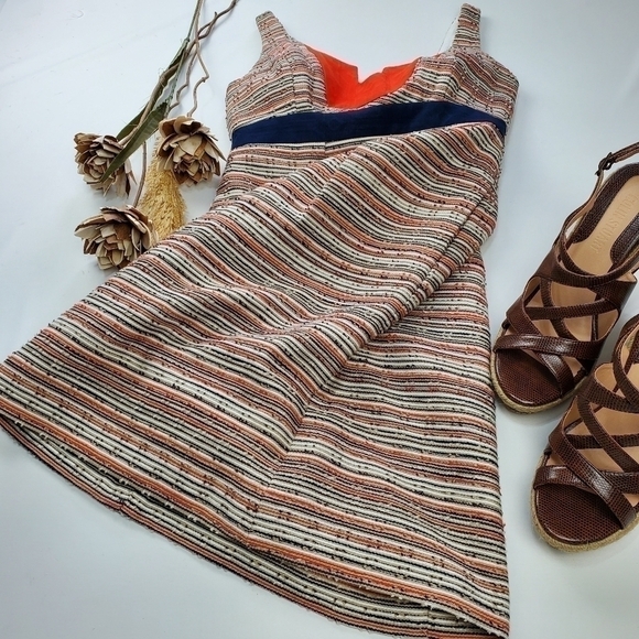 MILLY  Tan Blue Orange Picked Cotten Linen Dress 2 - Picture 12 of 15